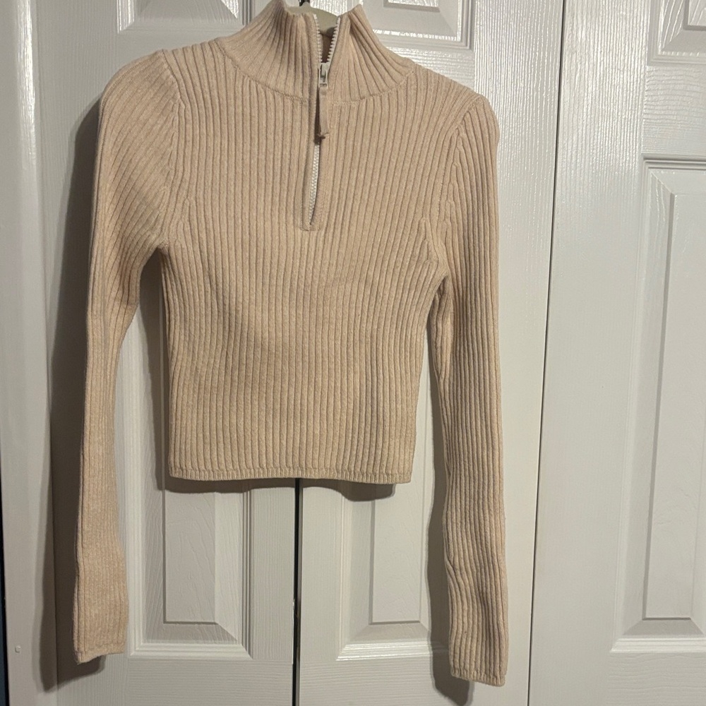 Aerie Cream Ribbed Knit Half-Zip Sweater size small